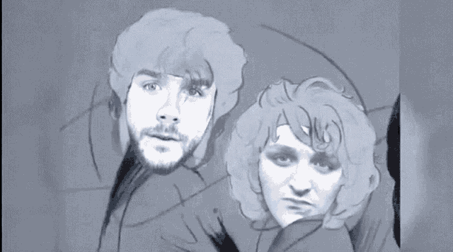 a black and white drawing of a man and a woman with a beard .