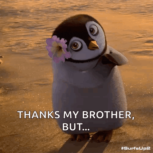 a penguin with a flower in its beak is saying thanks my brother but