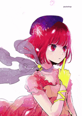 a drawing of a girl with red hair and a yellow glove with the name paukshop on the bottom