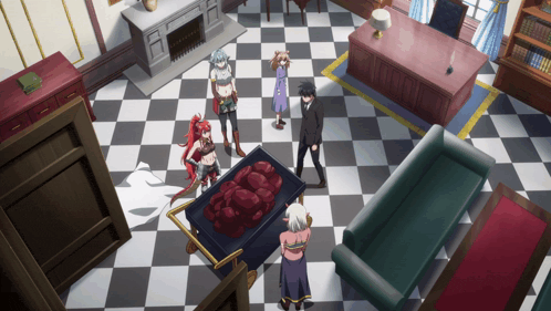 a group of anime characters are standing around a coffin