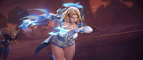 a woman in a white top and blue shorts is holding a lightning bolt