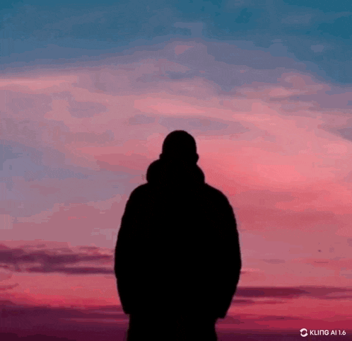 a silhouette of a man standing in front of a pink and blue sunset .