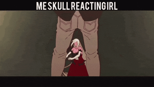 a woman in a red dress is standing next to a man 's legs with the words me skull reacting girl on the bottom