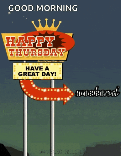 a sign that says happy thursday has a crown on top