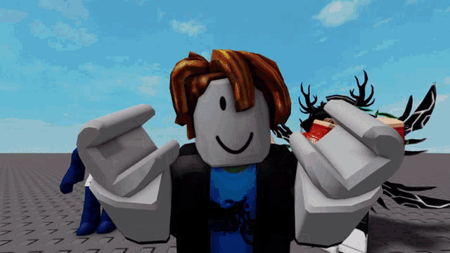 a roblox character with a blue shirt with a horse on it is smiling