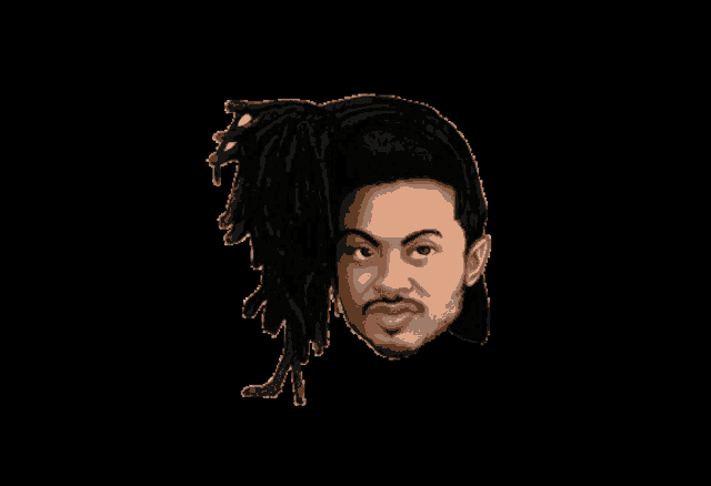 a cartoon drawing of a man with dreadlocks and a beard