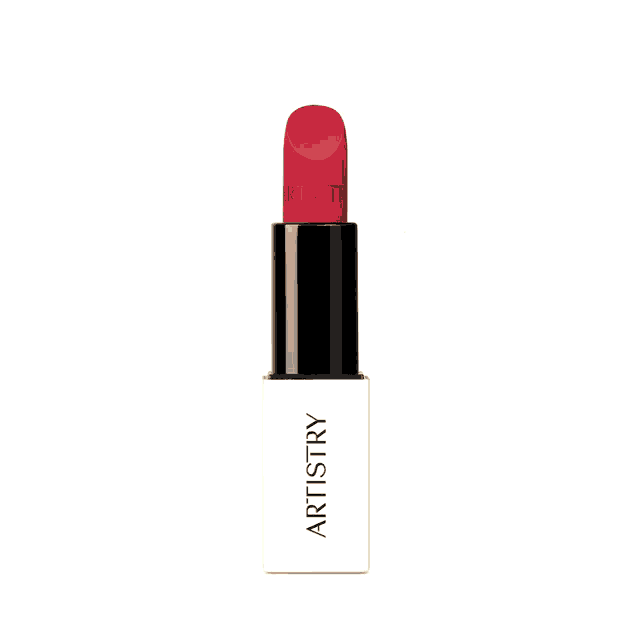 a red artistry lipstick is surrounded by chia seeds and oil