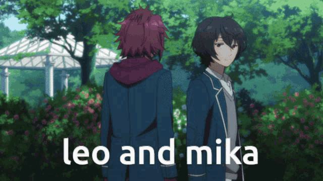 a couple of anime characters standing next to each other with the words leo and mika below them