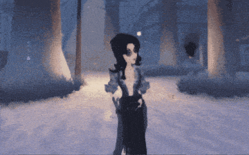 a cartoon character standing in a snowy forest with trees in the background