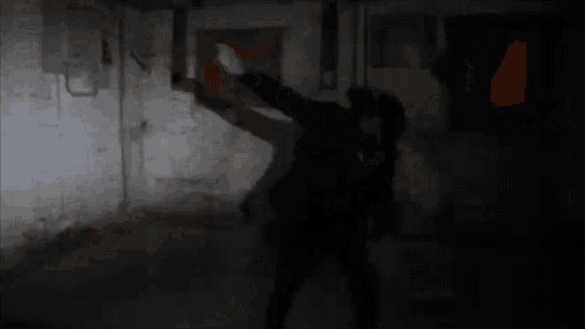 a person is standing in a dark room with a flashlight