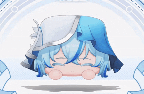 a cartoon character with blue hair is laying down