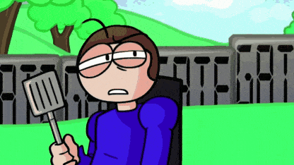 a cartoon character is holding a spatula in front of a fence