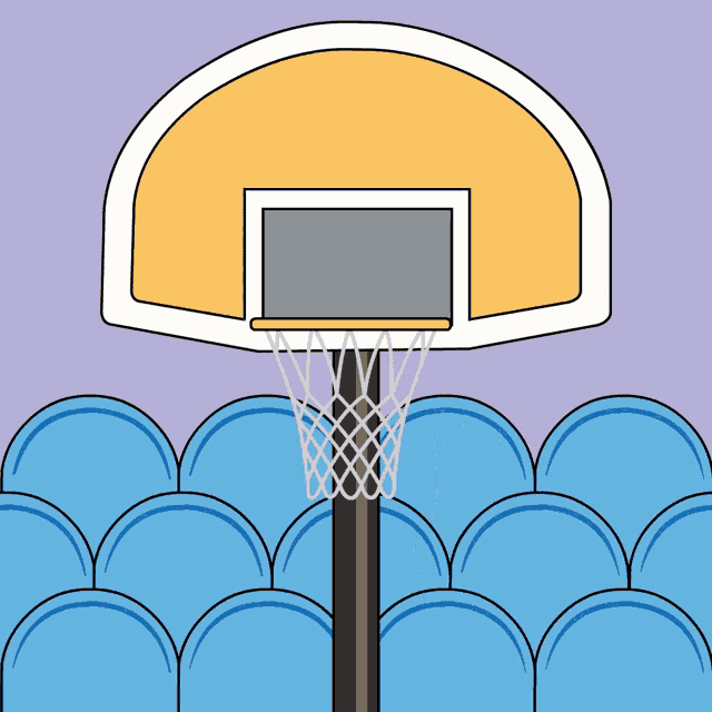 an illustration of a basketball hoop in front of a crowd of blue seats