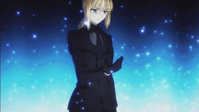 a girl in a suit and gloves is standing in front of a blue sky with stars .