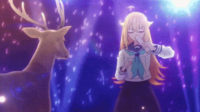 a girl in a school uniform is standing next to a deer with antlers .