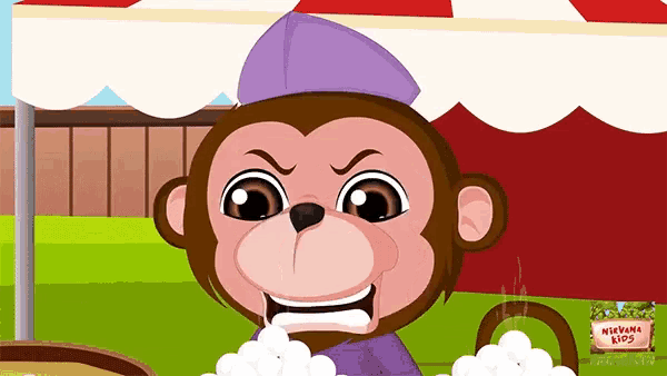 a cartoon monkey with a purple hat and a sign that says ' nirvana kids ' on it