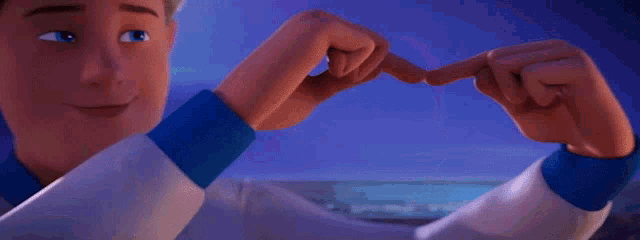 a cartoon man is holding a pink heart between his fingers .