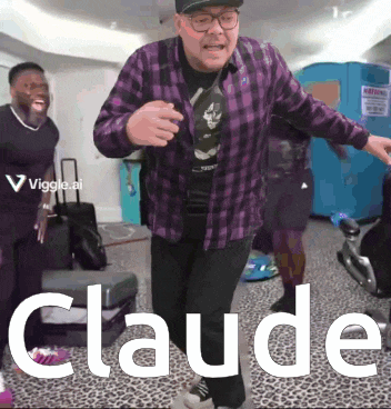 a man in a plaid shirt is dancing in a room with the name claude above him