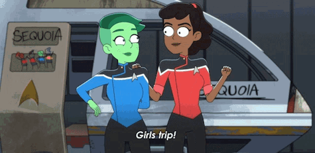 two cartoon characters standing in front of a sequoia ship