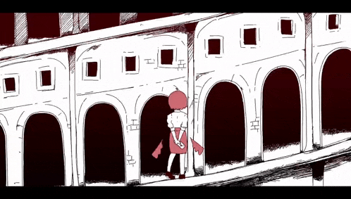 a black and white drawing of a woman standing in front of a building with arches