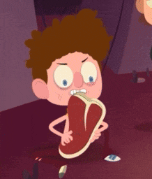 a cartoon character is holding a piece of meat in his hands