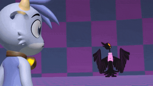 a cartoon cat is standing next to a black cat with big orange eyes