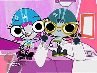 two cartoon characters are sitting next to each other on a disney channel advertisement