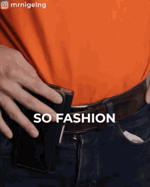 a man pulling a wallet out of his pocket with the words so fashion above him