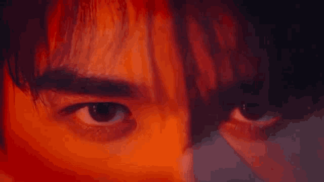 a close up of a man 's eyes with chinese writing on the bottom .