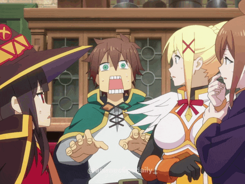 a group of anime characters are standing around a man with his mouth wide open