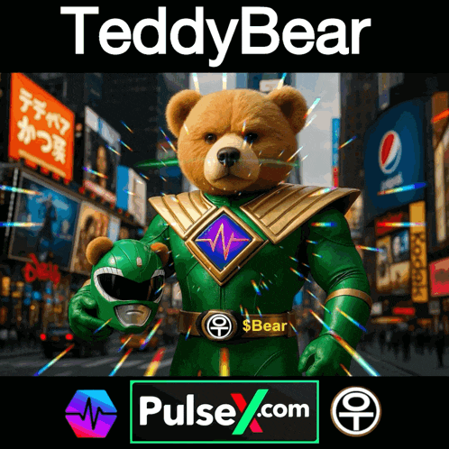 a teddy bear dressed as a green power ranger with pulsex.com written below him