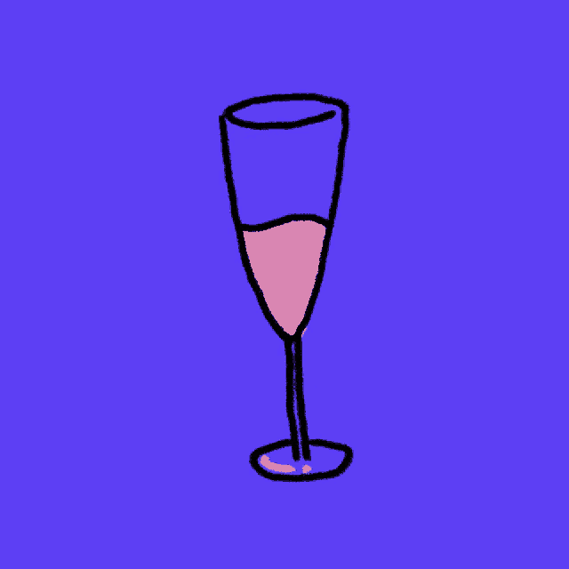 a cartoon drawing of a wine glass with a pink liquid in it on a blue background