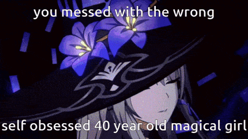 a picture of a girl with purple flowers on her hat with the words you messed with the wrong