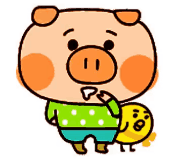 a cartoon pig wearing a green polka dot shirt and blue shorts is standing next to a yellow worm .