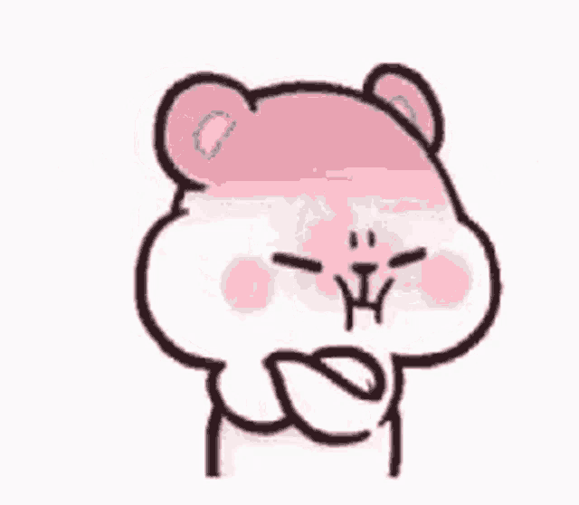 a pink and white teddy bear with a very angry face is standing with his arms crossed .