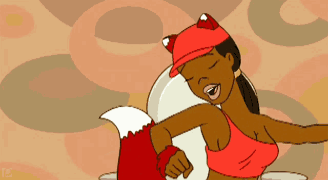 a cartoon drawing of a woman wearing a red hat with fox ears