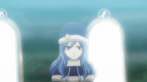a girl with blue hair is standing in front of a mirror with a zodiac symbol on it