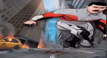 a cartoon of a man in a superhero costume jumping in the air in a city .