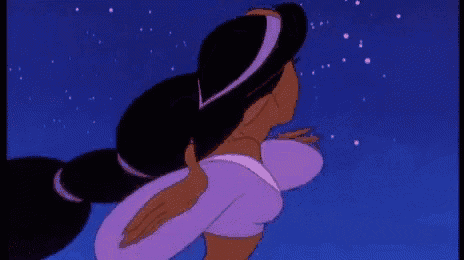 a cartoon of jasmine from aladdin is dancing in the night sky .