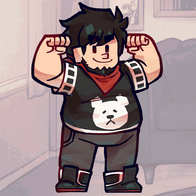 a cartoon character is flexing his muscles and wearing a black shirt with a white bear on it