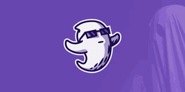 a cartoon ghost wearing sunglasses is behind a purple sheet