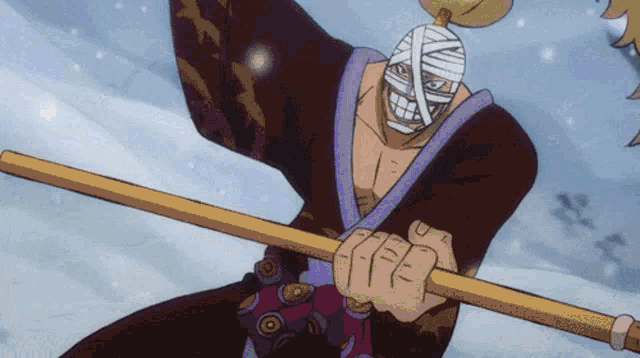 a cartoon character with bandages on his face holds a stick