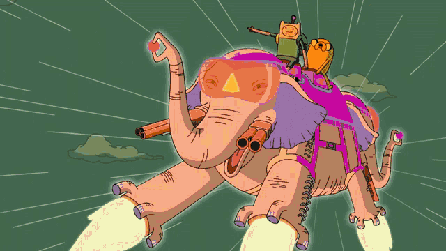 a cartoon character is riding on the back of an elephant with a gun