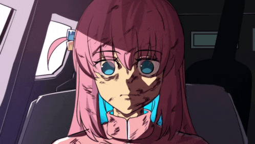 a girl with pink hair and blue eyes is sitting in a dark room
