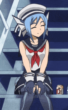 a girl in a sailor suit sits on a set of stairs