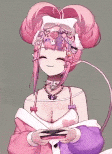 a girl with pink hair is holding a video game controller in her hands .