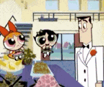 a cartoon of a man in a tuxedo standing next to two girls from the powerpuff girls .
