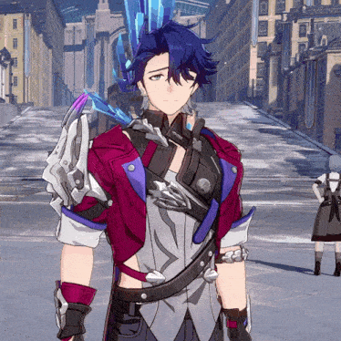 a man with blue hair and a purple jacket is standing in a city