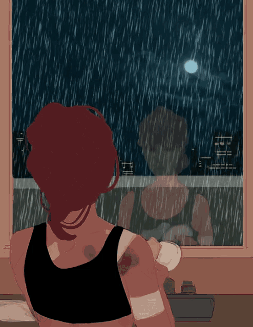 a drawing of a woman looking out a window at night