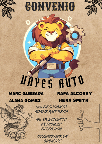 an advertisement for hayes auto features a cartoon lion holding a wrench